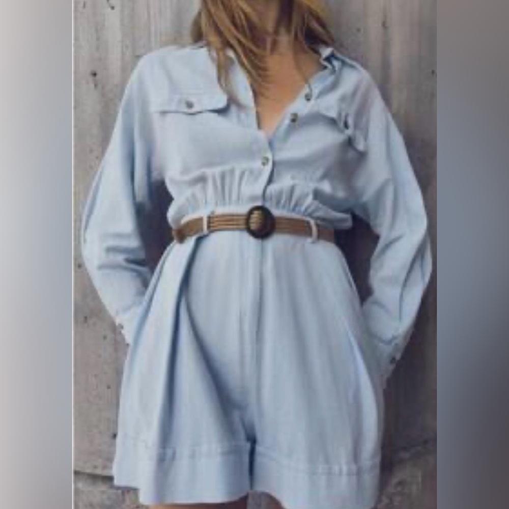 NWT. Zara Light Blue Linen Blend Belted Short Jumpsuit
